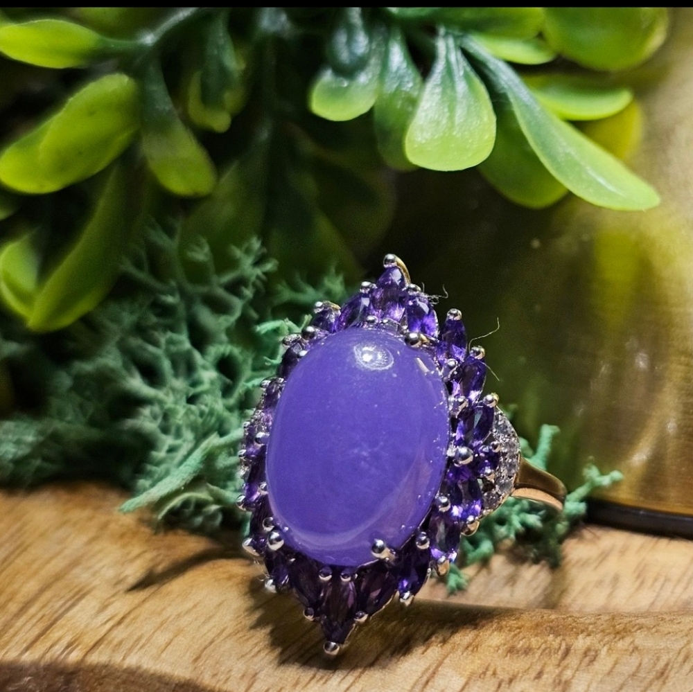 Burmese Purple Jade & African Amethyst Halo Silver Cocktail Ring 12.6 CTW Size 8 - Picture 2 of 4